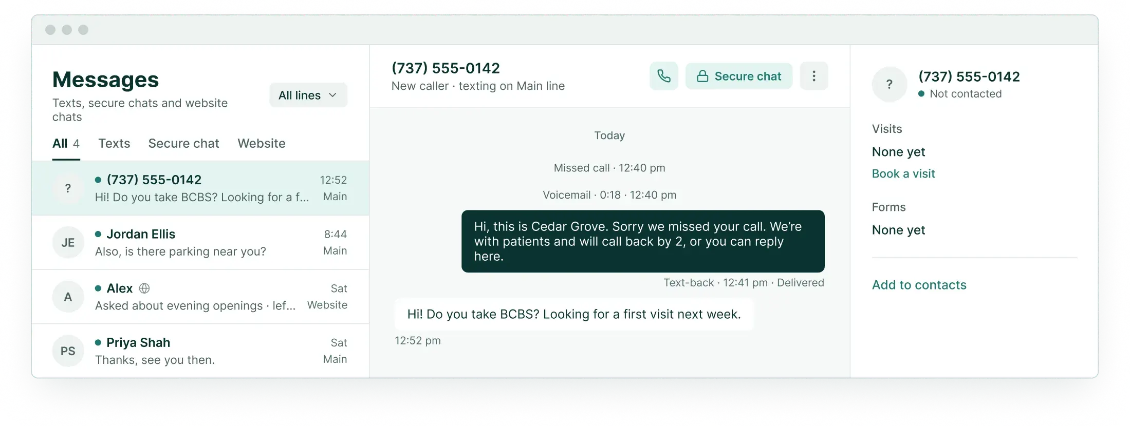 The shared inbox at 12:52: the missed call, the voicemail, the text-back and the caller’s reply in one conversation