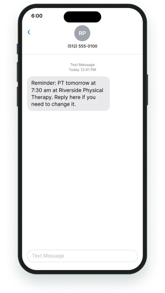 Text reminder for a 7:30 am visit tomorrow from the clinic’s number