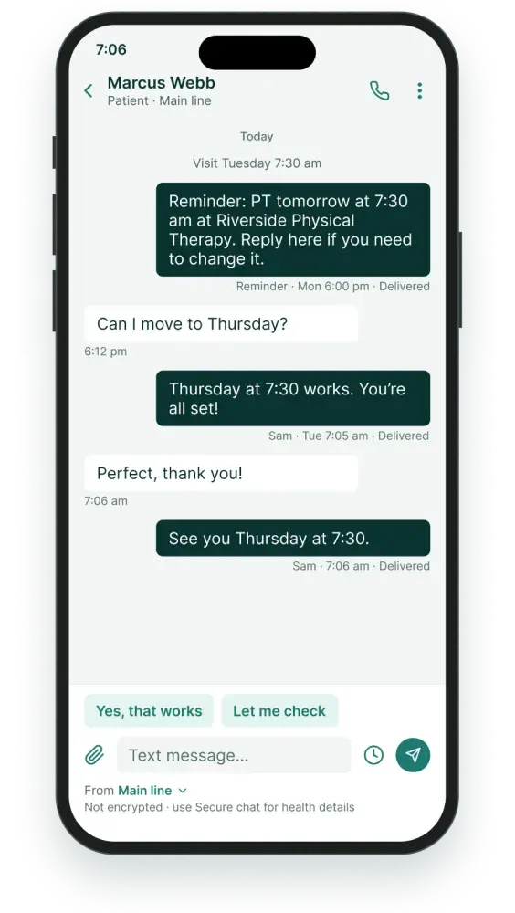 The front desk replies that the visit is moved to Thursday