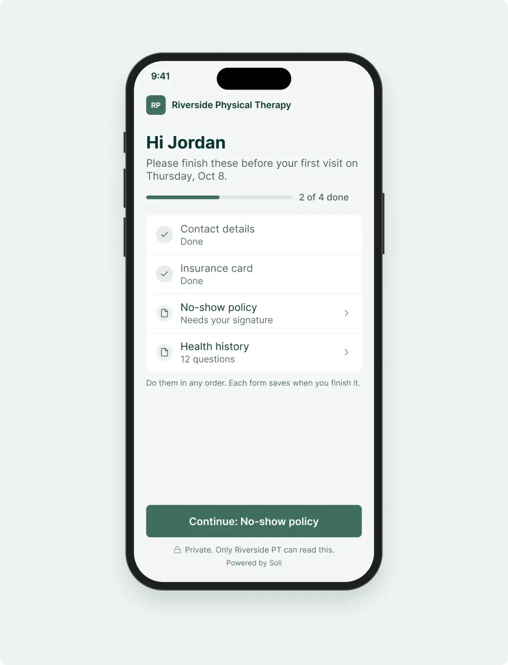 Intake packet on a patient’s phone with intake, insurance and the cancellation policy