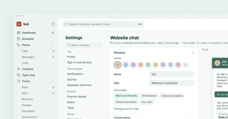 Soli’s website chat settings