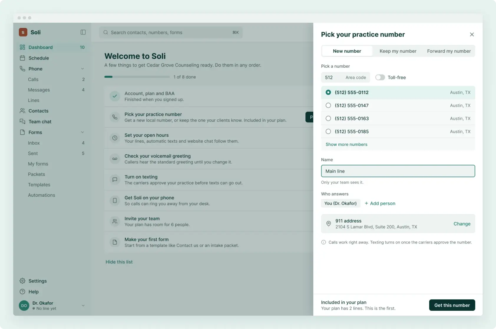 Soli’s welcome screen with the Pick your practice number panel: choose an area code and a local number
