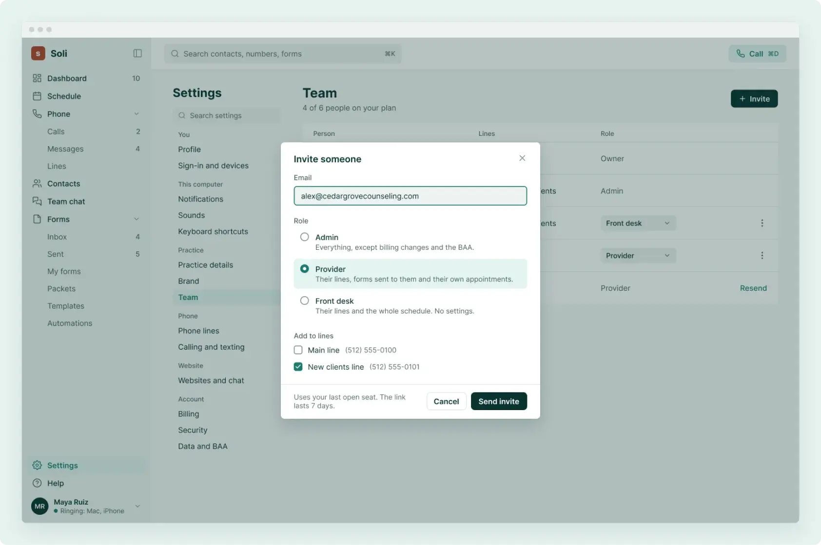 Soli’s team settings with the Invite someone dialog: email, role and which lines they join