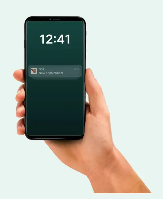 A hand holding a phone whose lock screen shows Soli notifications that say only New appointment and New form submission