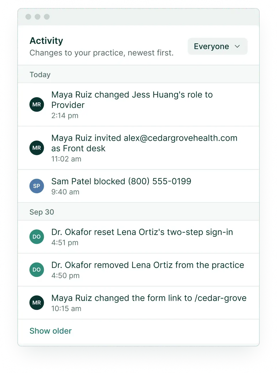 The activity log: who changed roles, invited people, reset two-step sign-in or removed someone, newest first