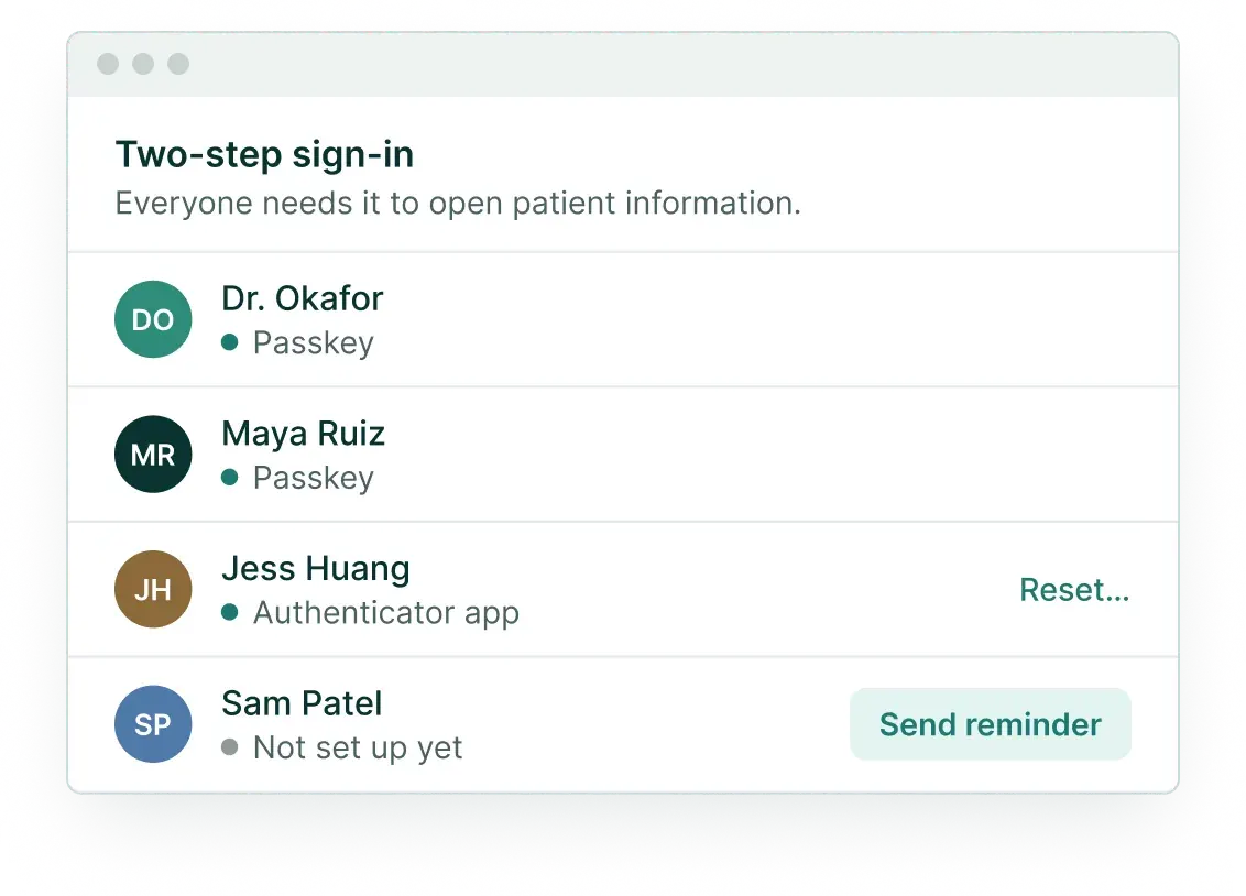 Two-step sign-in for the team: passkeys and an authenticator app, with a reminder for someone not set up yet