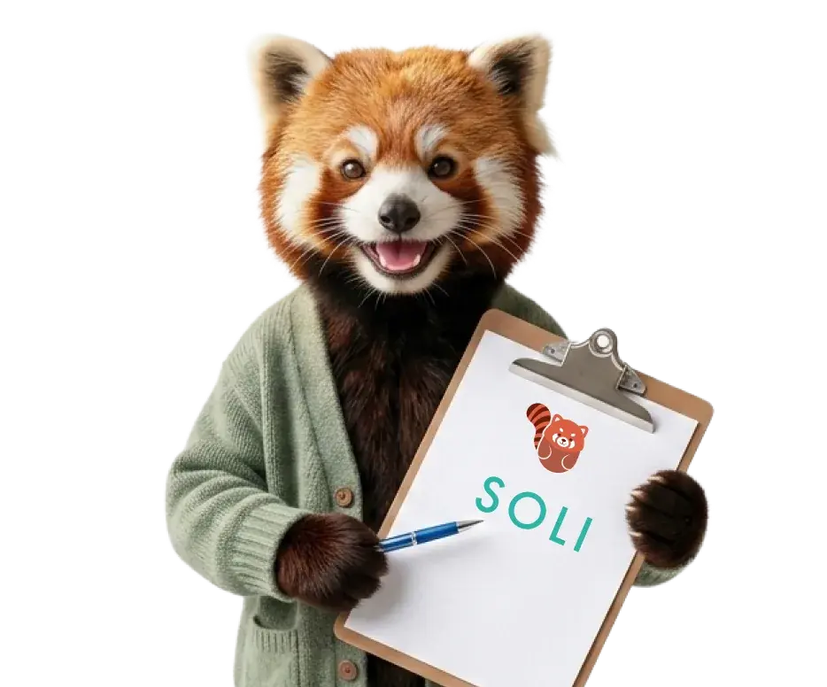 Soli’s red panda in a green cardigan holding a clipboard with the Soli logo
