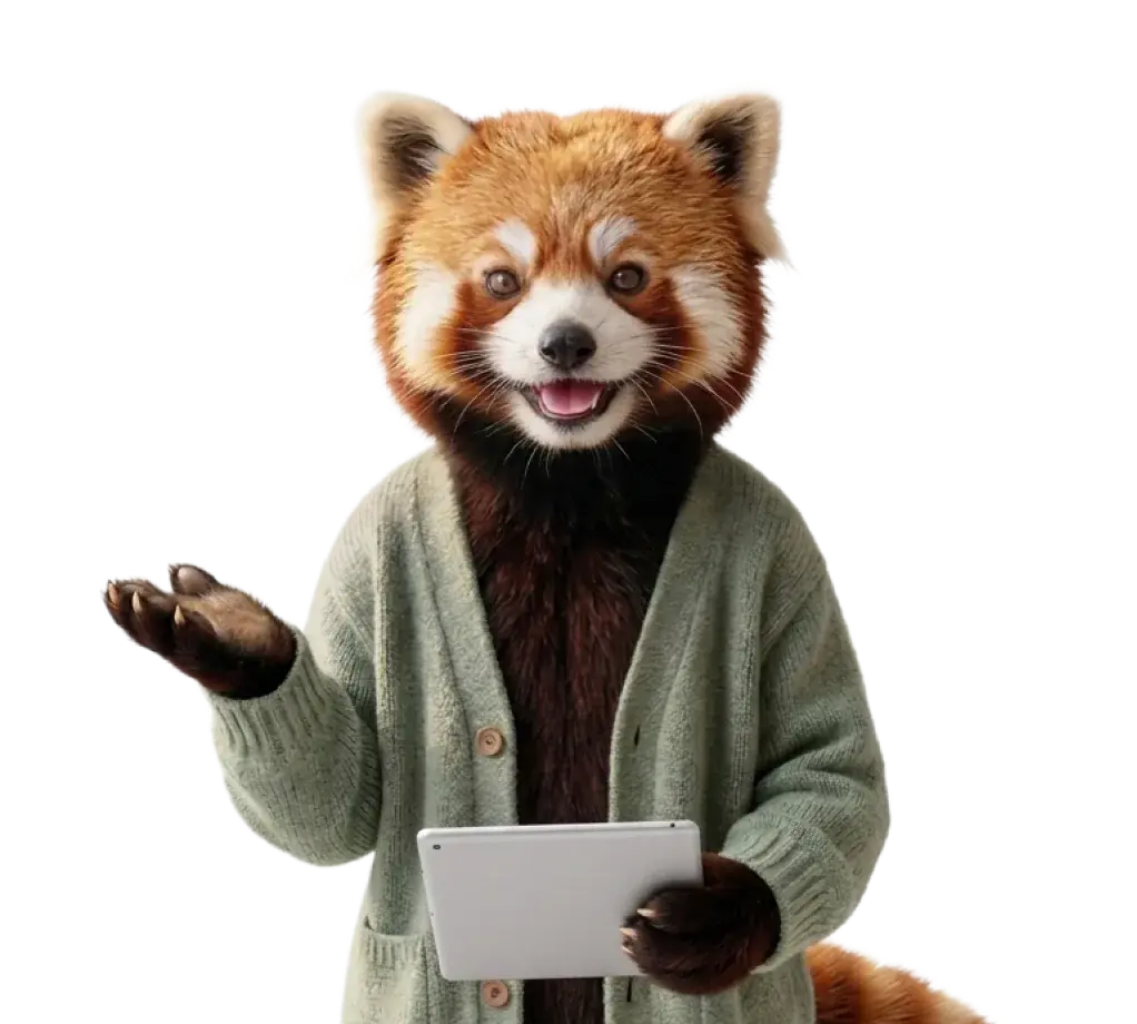 Soli’s red panda holding a tablet and gesturing to the side