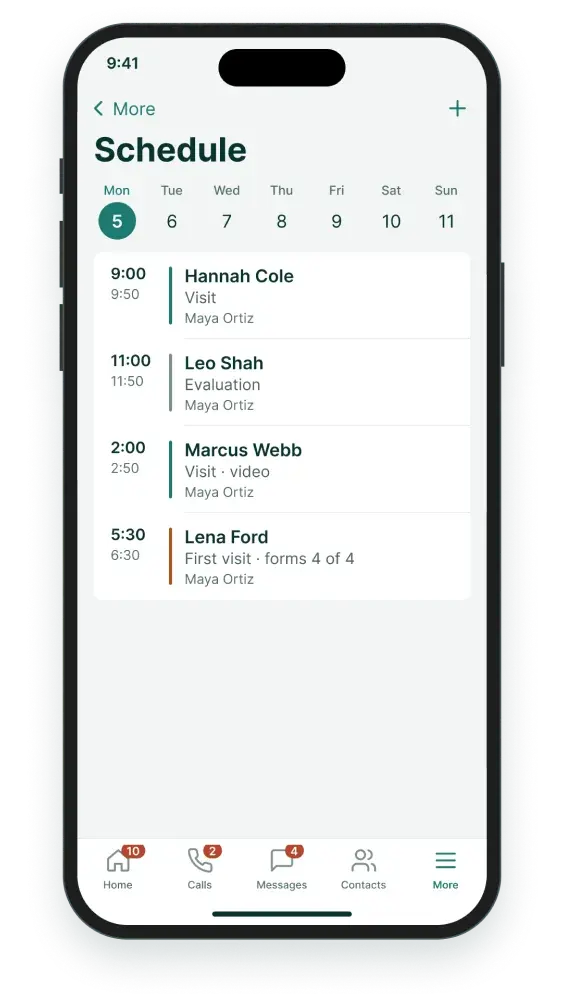 Schedule with Thursday’s new booking and a signed intake