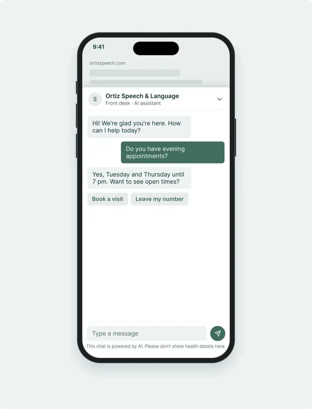 Website chat on a phone answering a question about evening appointments