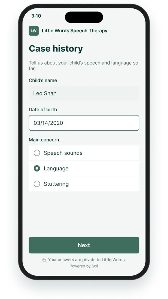 Case history form open on a parent’s phone