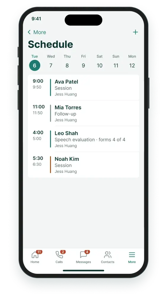 Schedule showing Tuesday’s 4:00 pm evaluation with paperwork complete