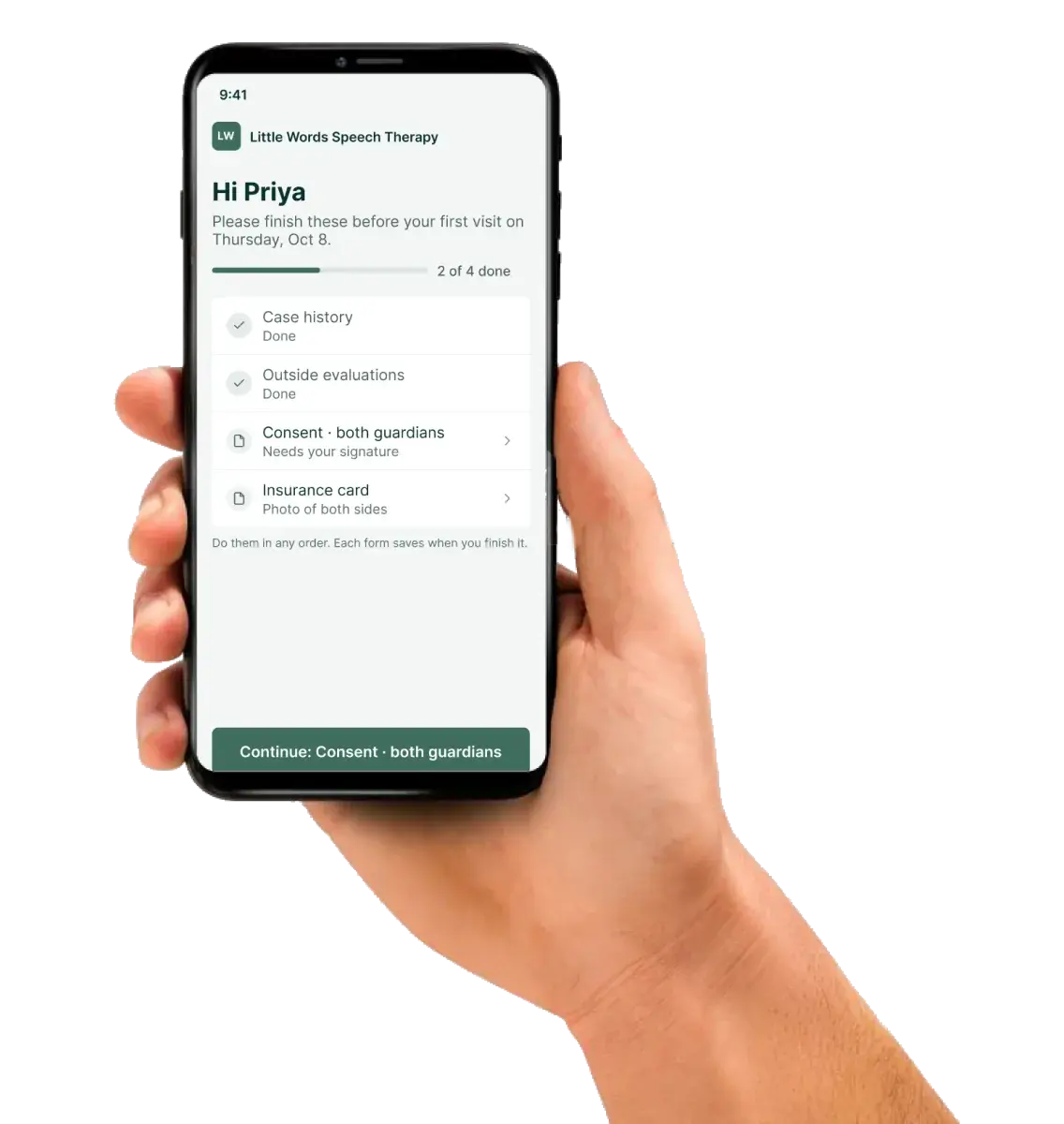 A parent’s phone showing a speech therapy case history form from Soli