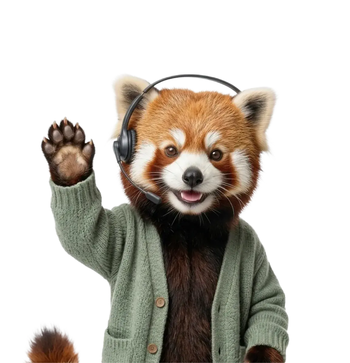 Soli’s red panda waving hello, wearing a front desk headset