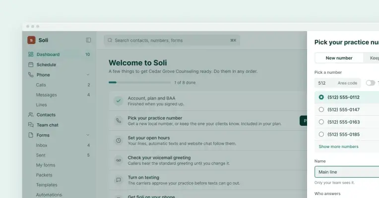 Soli’s welcome screen with the Pick your practice number panel