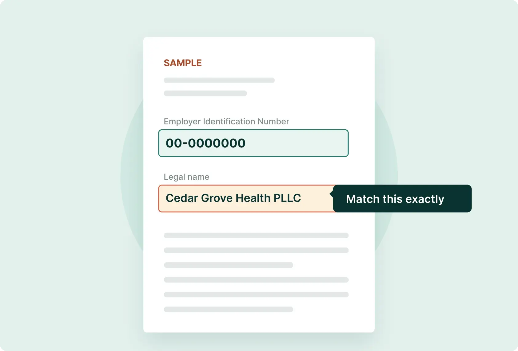 Illustration of a sample IRS confirmation letter with the EIN and the legal business name highlighted