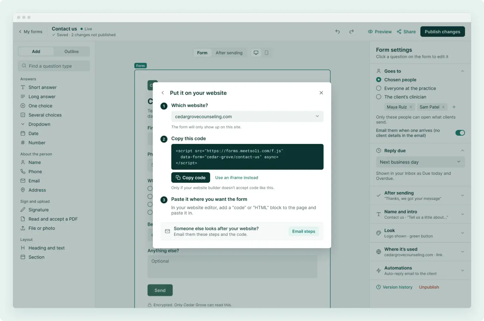 Soli’s form builder with the Put it on your website dialog: pick the website and copy the code