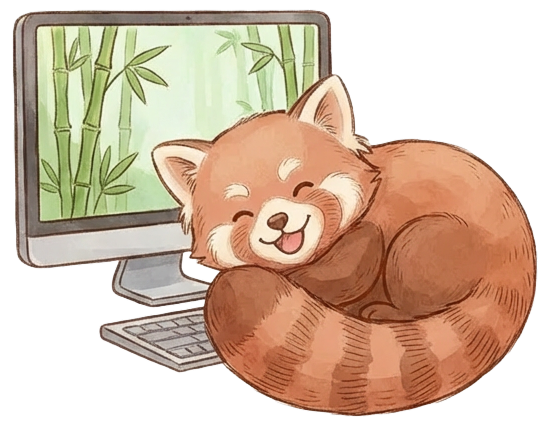 Red panda working at a desktop computer